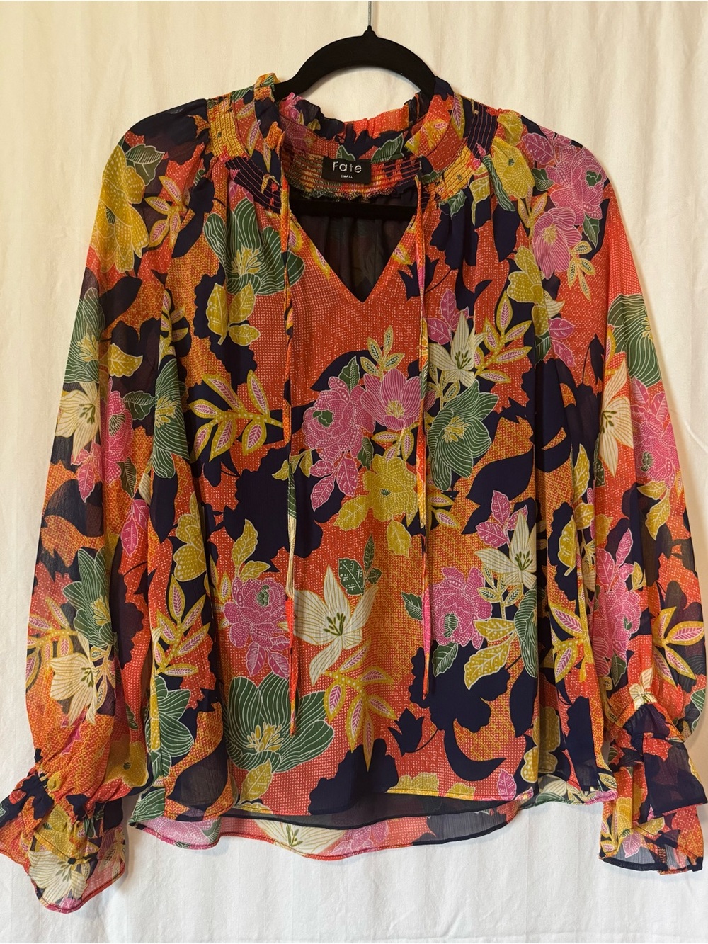 Fate Floral Ruffle Tie Neck Blouse Orange Navy Pink Chiffon Top Women Size Small